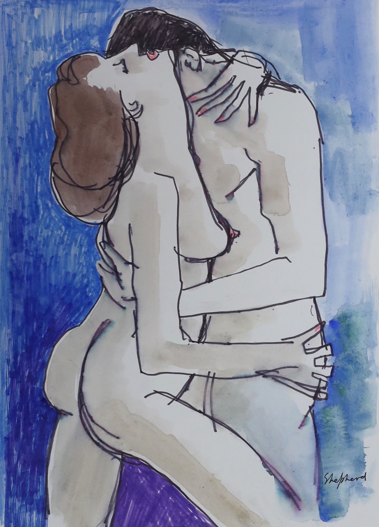 Sydney Horne Shepherd (1909-1993), two mixed media’s, Nude lady and Embracing couple, signed, the largest 30cm x 22cm